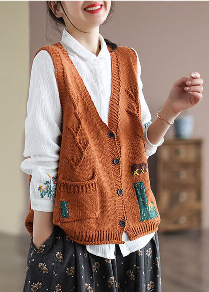 Loose Orange V Neck Patchwork Applique Knit Vest Sleeveless TG1011 - fabuloryshop