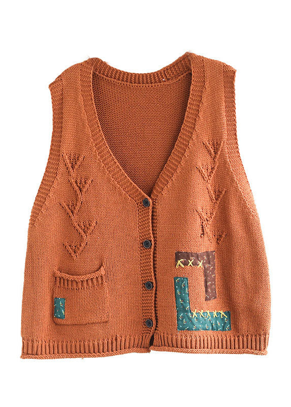 Loose Orange V Neck Patchwork Applique Knit Vest Sleeveless TG1011 - fabuloryshop