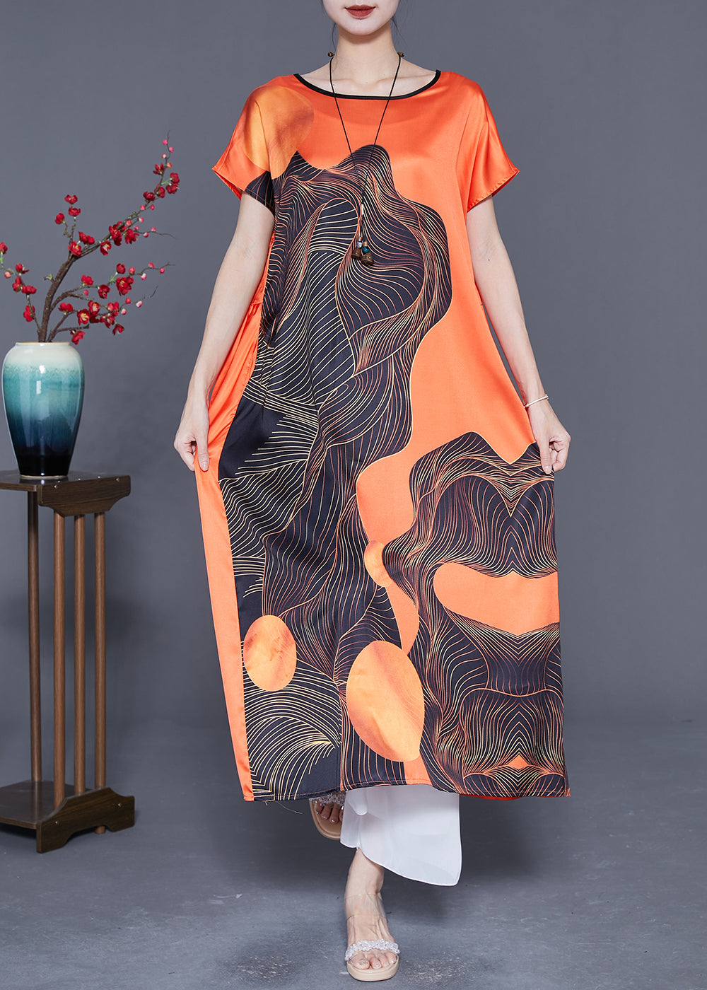 Loose Orange V Neck Print Draping Silk Party Dress Summer LY5366 - fabuloryshop