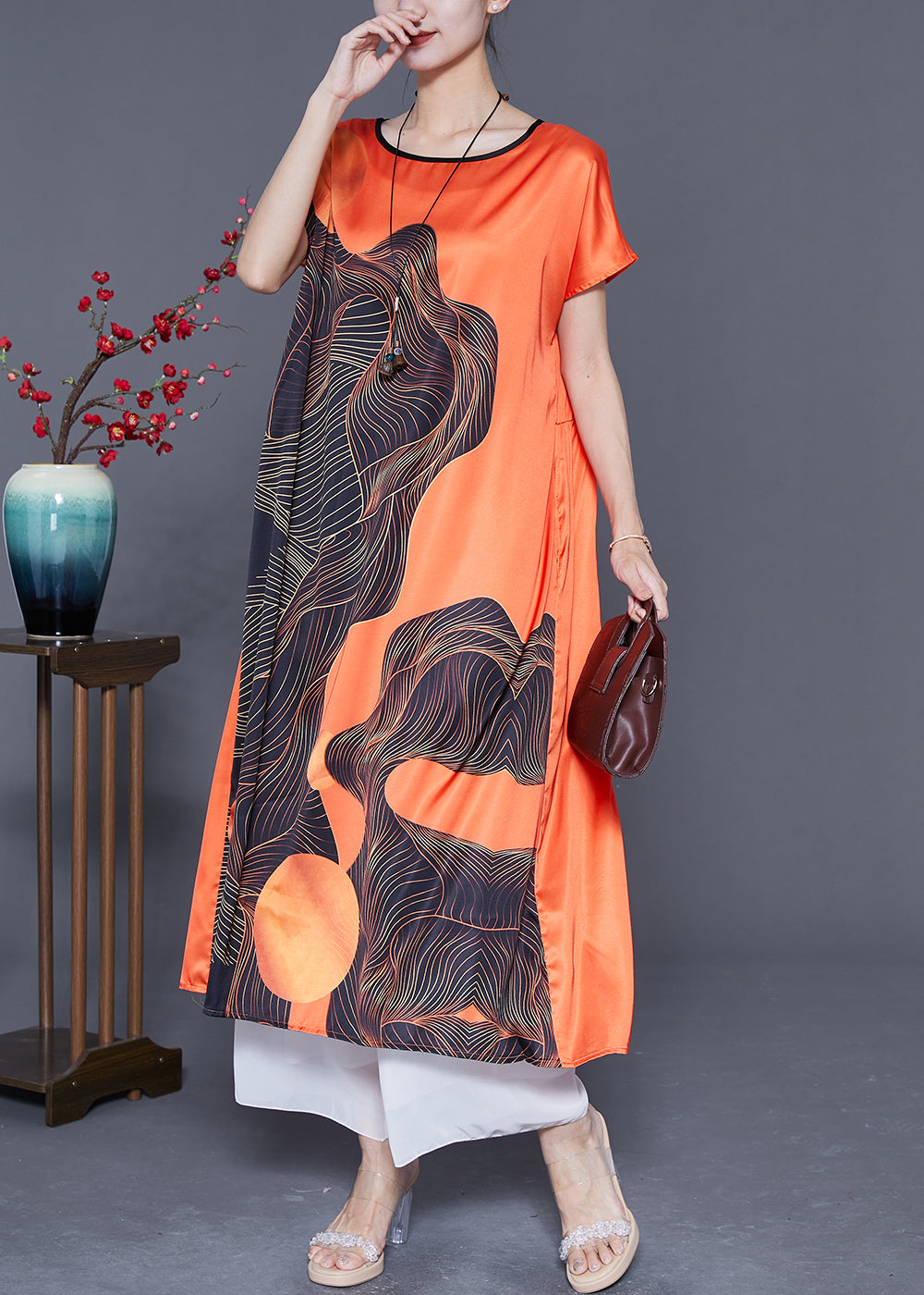 Loose Orange V Neck Print Draping Silk Party Dress Summer LY5366 - fabuloryshop