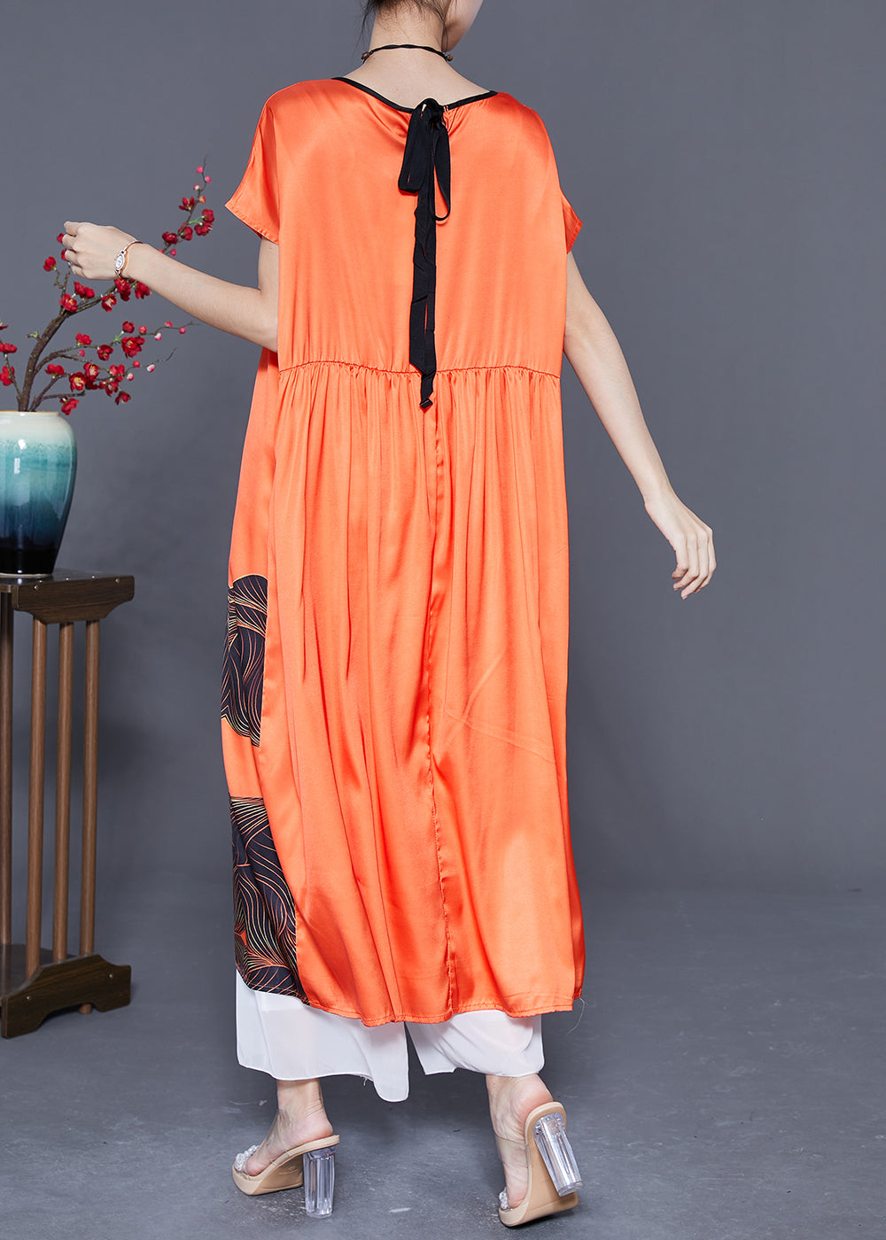 Loose Orange V Neck Print Draping Silk Party Dress Summer LY5366 - fabuloryshop