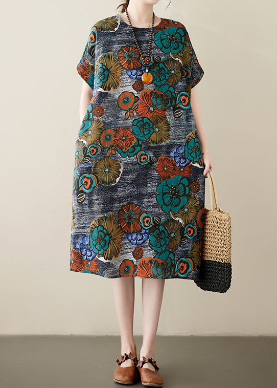 Loose Peacock Blue O Neck Pockets Print Patchwork Cotton Dresses Summer - fabuloryshop