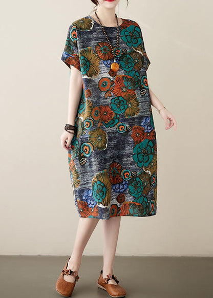 Loose Peacock Blue O Neck Pockets Print Patchwork Cotton Dresses Summer - fabuloryshop