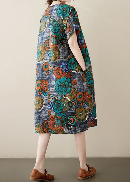 Loose Peacock Blue O Neck Pockets Print Patchwork Cotton Dresses Summer - fabuloryshop