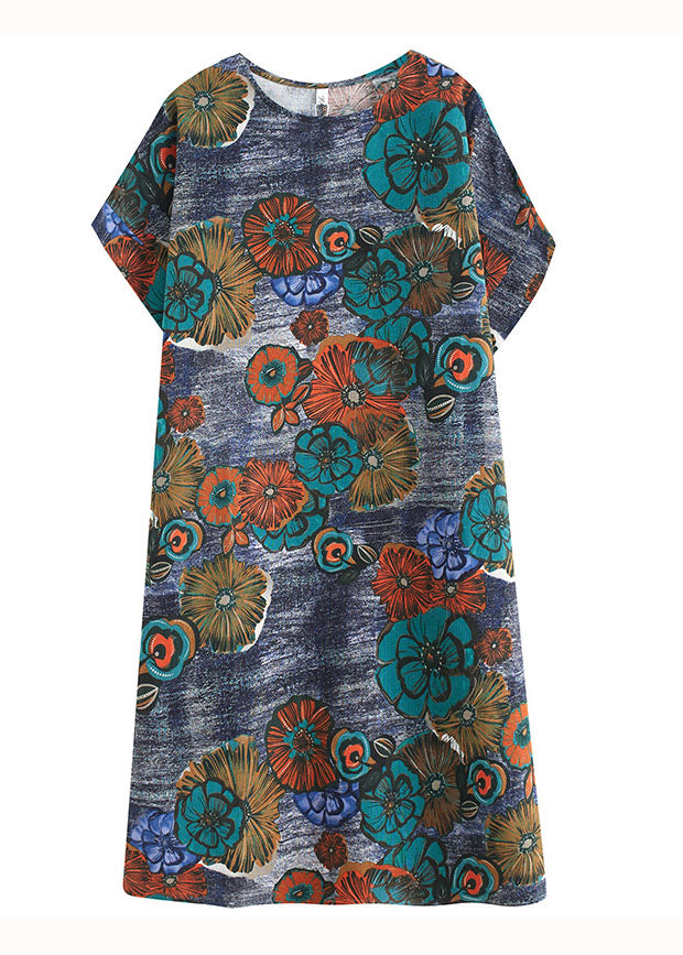 Loose Peacock Blue O Neck Pockets Print Patchwork Cotton Dresses Summer - fabuloryshop