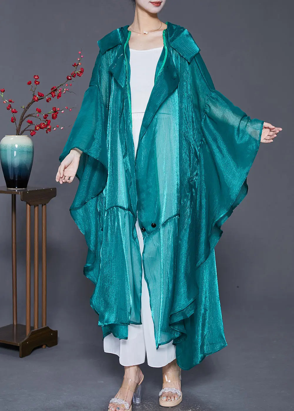 Loose Peacock Green Hooded Patchwork Silk Long Cardigans Summer Ada Fashion