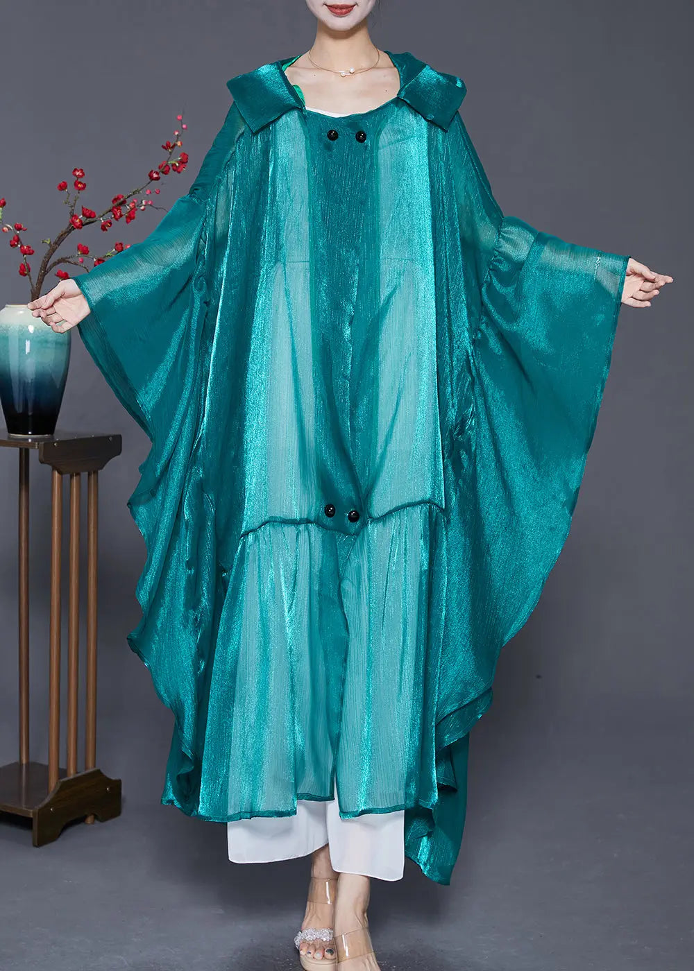 Loose Peacock Green Hooded Patchwork Silk Long Cardigans Summer Ada Fashion