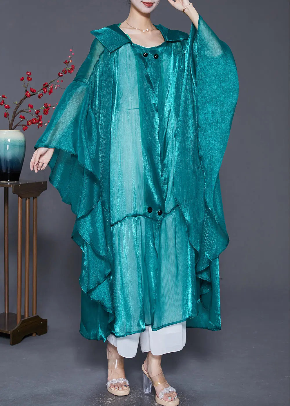 Loose Peacock Green Hooded Patchwork Silk Long Cardigans Summer Ada Fashion