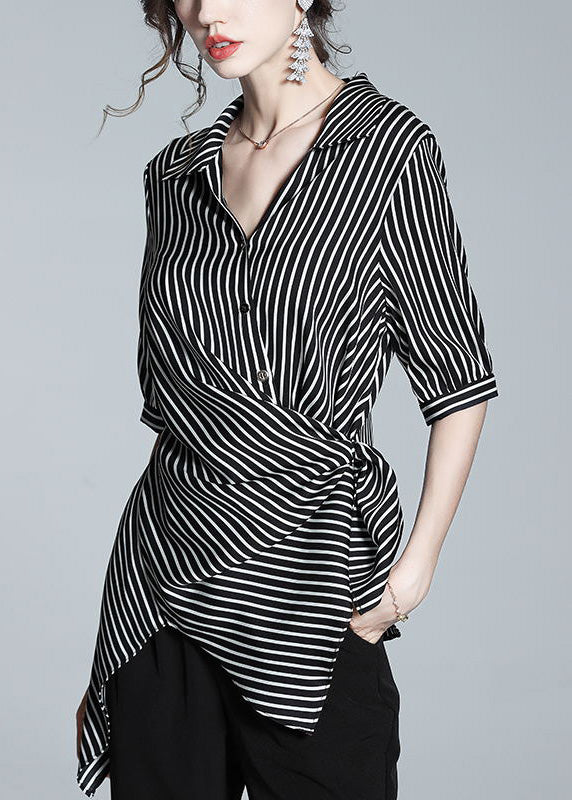 Loose Peter Pan Collar Asymmetrical Striped Silk Shirt Half Sleeve LY0946 - fabuloryshop