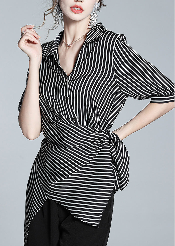 Loose Peter Pan Collar Asymmetrical Striped Silk Shirt Half Sleeve LY0946 - fabuloryshop