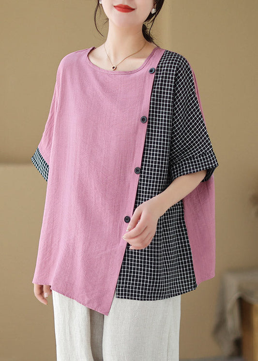 Loose Pink Asymmetrical Plaid Patchwork Button T Shirts Short Sleeve LY3007