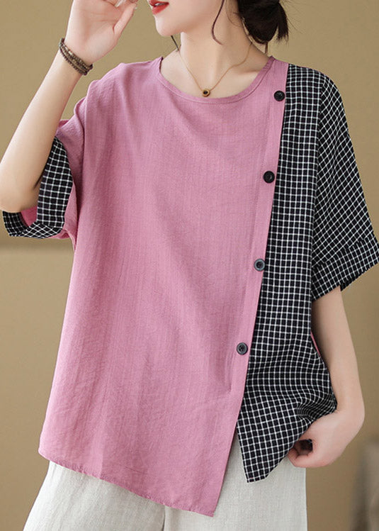 Loose Pink Asymmetrical Plaid Patchwork Button T Shirts Short Sleeve LY3007 - fabuloryshop