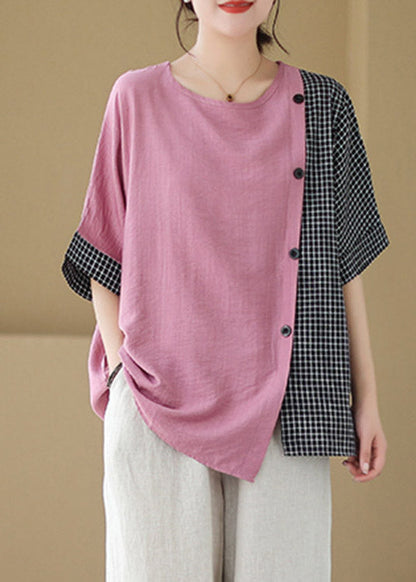 Loose Pink Asymmetrical Plaid Patchwork Button T Shirts Short Sleeve LY3007 - fabuloryshop