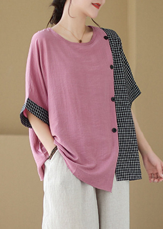 Loose Pink Asymmetrical Plaid Patchwork Button T Shirts Short Sleeve LY3007 - fabuloryshop