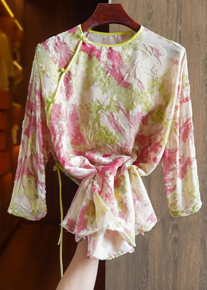 Loose Pink Button Lace Up Patchwork Silk Velour Shirt Top Fall Ada Fashion