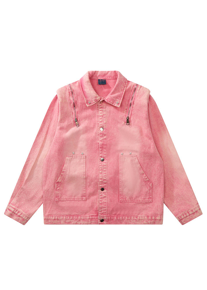 Loose Pink Button Pockets Patchwork Unisex Style Denim Coats Fall Ada Fashion