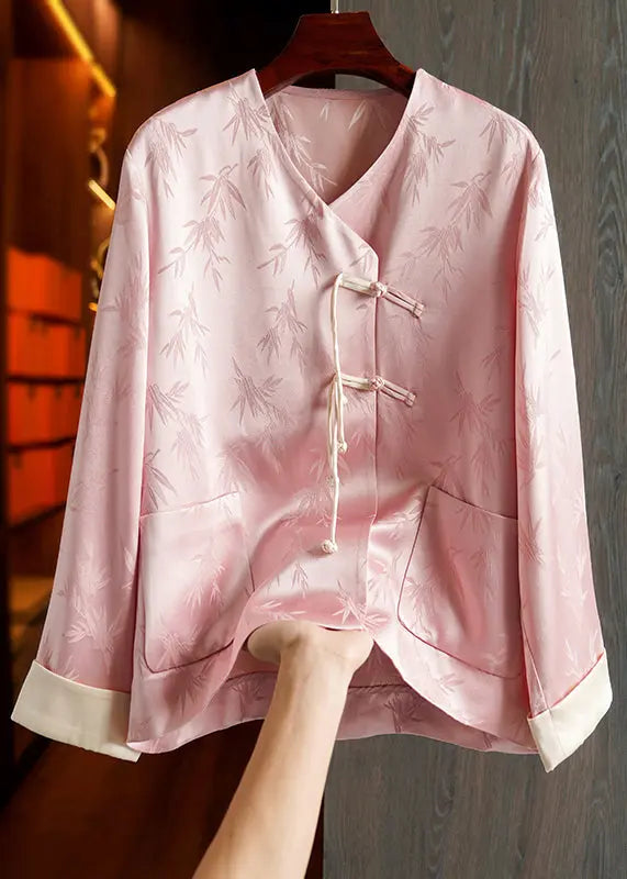 Loose Pink Button Print Pockets Patchwork Silk Coats Fall Ada Fashion