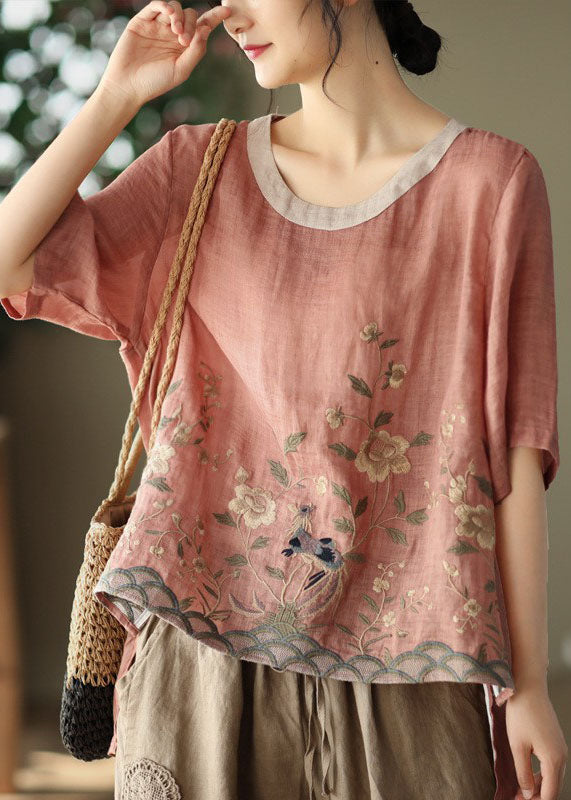 Loose Pink O-Neck Embroideried Linen Tanks Short Sleeve TG1007 - fabuloryshop