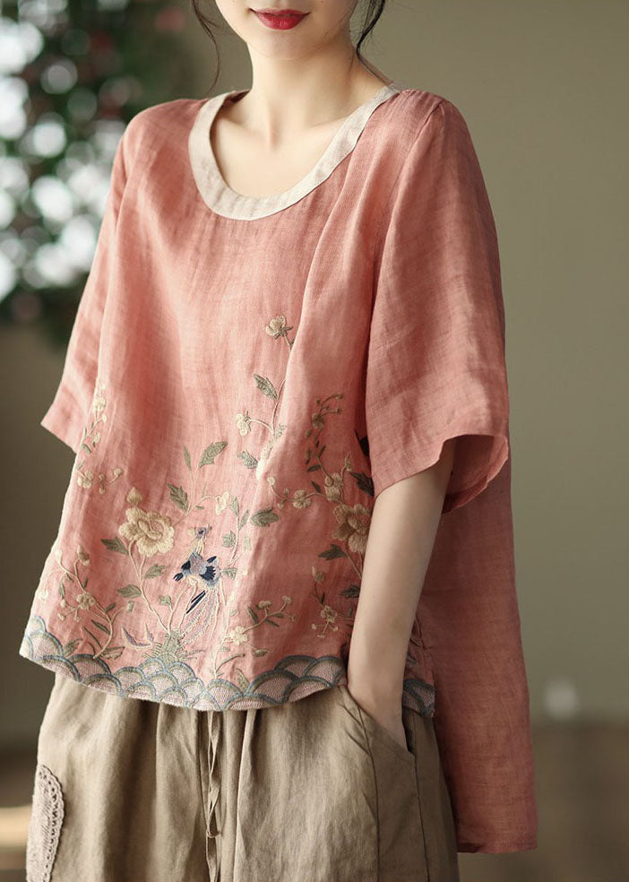 Loose Pink O-Neck Embroideried Linen Tanks Short Sleeve TG1007 - fabuloryshop