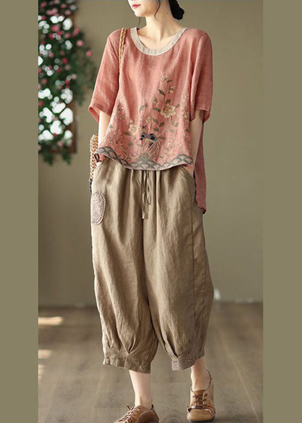 Loose Pink O-Neck Embroideried Linen Tanks Short Sleeve TG1007 - fabuloryshop