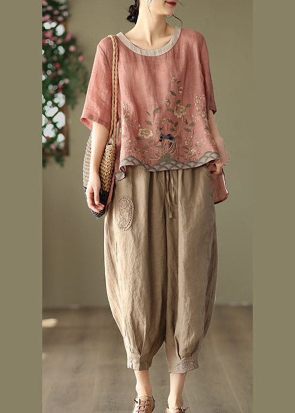 Loose Pink O-Neck Embroideried Linen Tanks Short Sleeve TG1007 - fabuloryshop