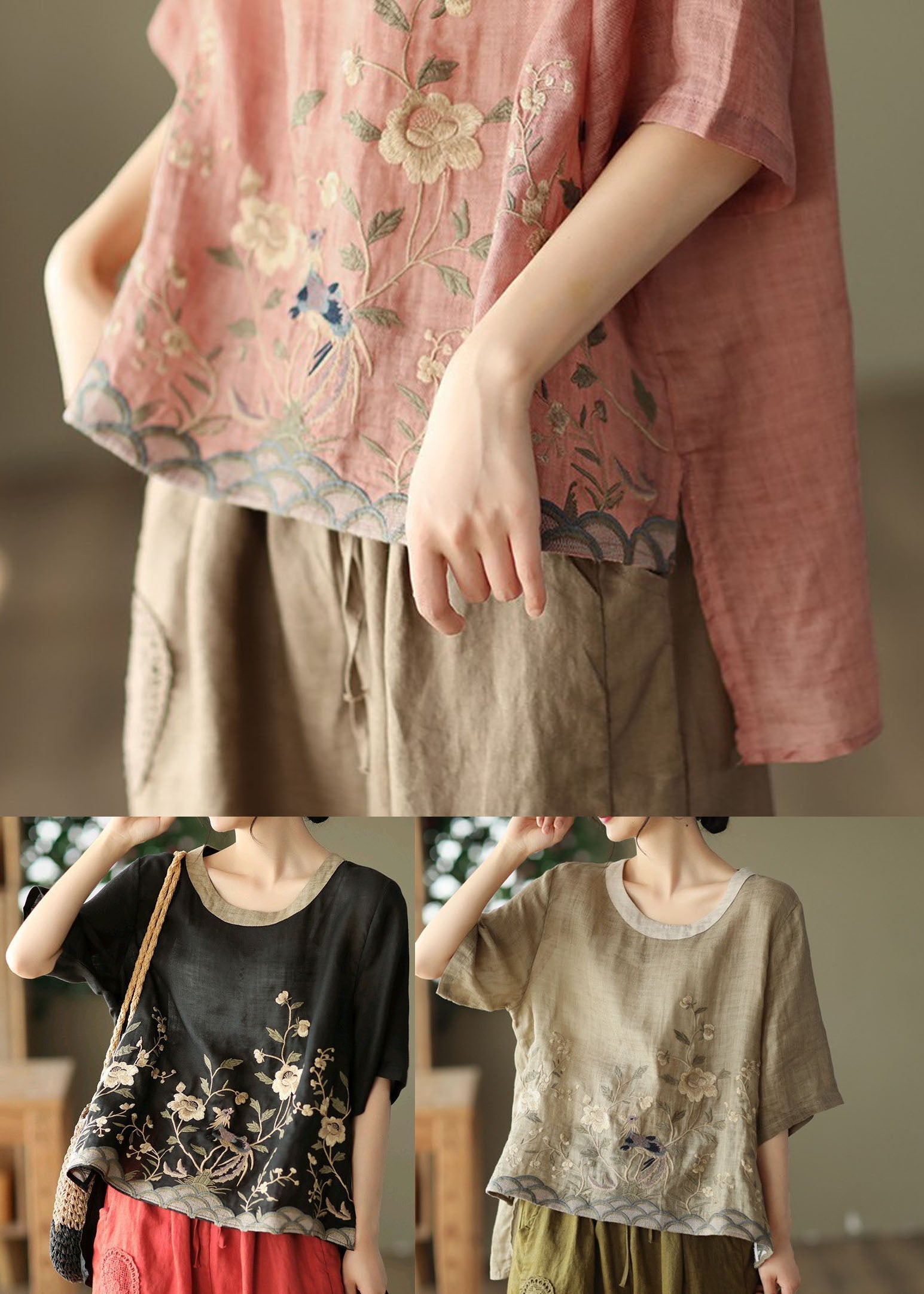 Loose Pink O-Neck Embroideried Linen Tanks Short Sleeve TG1007 - fabuloryshop