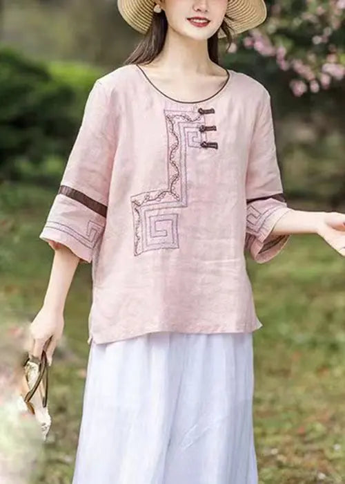 Loose Pink O-Neck Embroideried Patchwork Linen T Shirts Bracelet Sleeve Ada Fashion