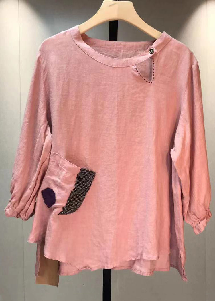 Loose Pink O Neck Pockets Patchwork Linen Top Fall Ada Fashion