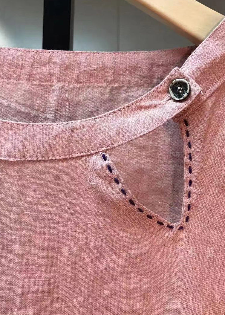 Loose Pink O Neck Pockets Patchwork Linen Top Fall Ada Fashion