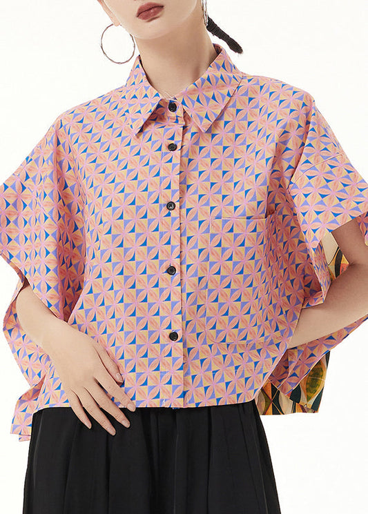 Loose Pink Peter Pan Collar Print Patchwork Cotton Shirt Summer Ada Fashion