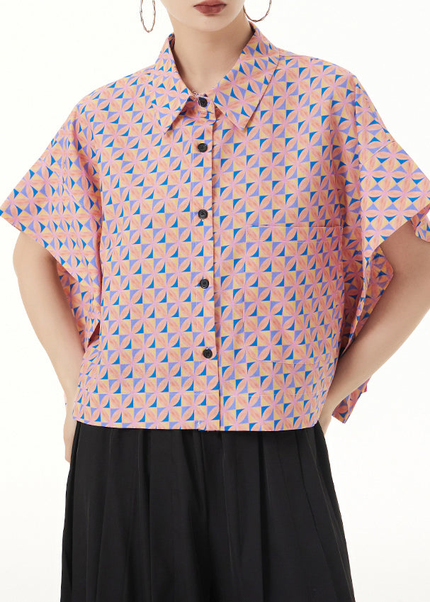 Loose Pink Peter Pan Collar Print Patchwork Cotton Shirt Summer Ada Fashion