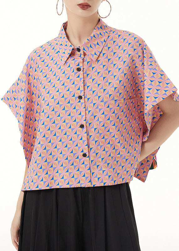 Loose Pink Peter Pan Collar Print Patchwork Cotton Shirt Summer Ada Fashion