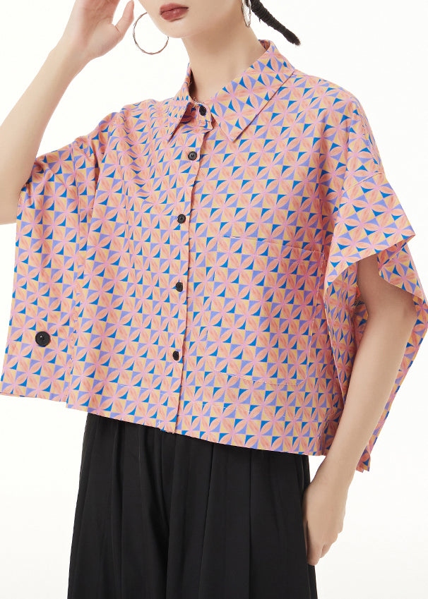 Loose Pink Peter Pan Collar Print Patchwork Cotton Shirt Summer Ada Fashion