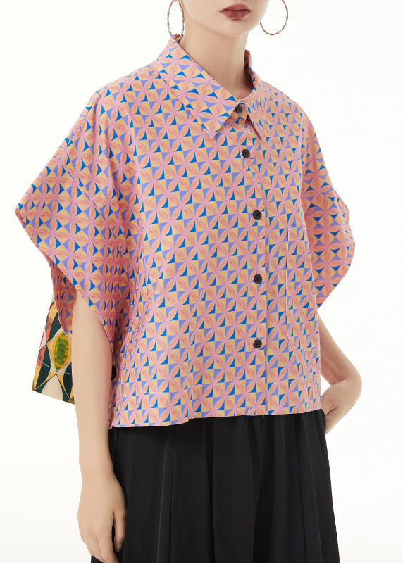 Loose Pink Peter Pan Collar Print Patchwork Cotton Shirt Summer Ada Fashion