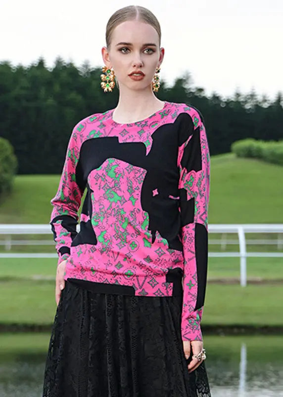 Loose Pink Print Patchwork Thick Print Silk Cotton Top Fall Ada Fashion