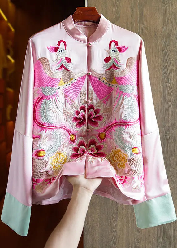 Loose Pink Stand Collar Embroideried Patchwork Silk Coats Fall Ada Fashion