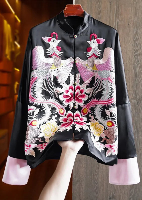 Loose Pink Stand Collar Embroideried Patchwork Silk Coats Fall Ada Fashion