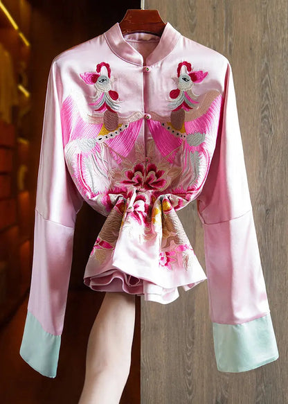 Loose Pink Stand Collar Embroideried Patchwork Silk Coats Fall Ada Fashion