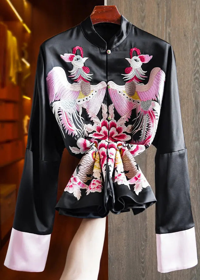 Loose Pink Stand Collar Embroideried Patchwork Silk Coats Fall Ada Fashion