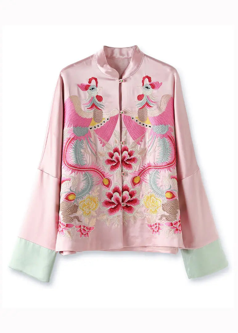 Loose Pink Stand Collar Embroideried Patchwork Silk Coats Fall Ada Fashion