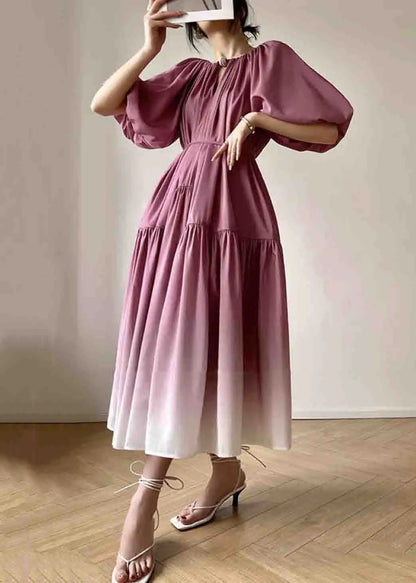 Loose Pink Tie Waist Wrinkled Patchwork Cotton Dresses Lantern Sleeve Ada Fashion