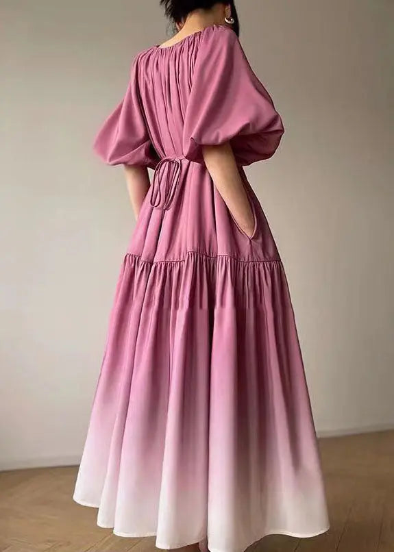 Loose Pink Tie Waist Wrinkled Patchwork Cotton Dresses Lantern Sleeve Ada Fashion