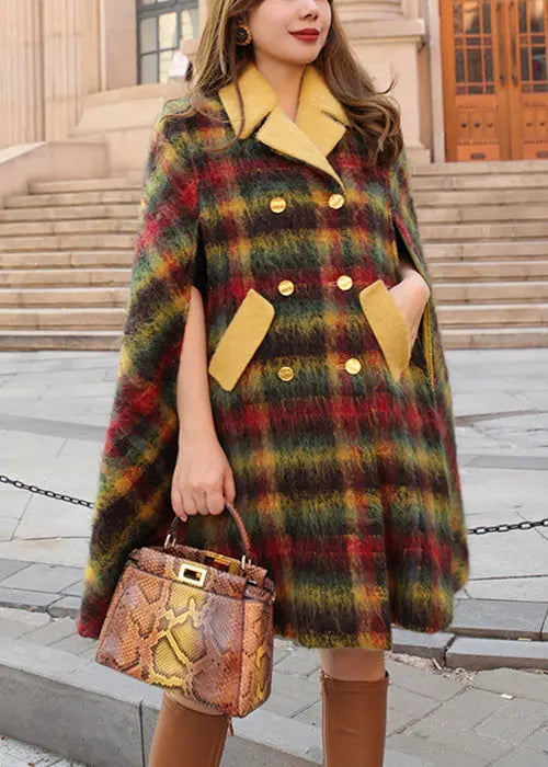 Loose Plaid Button Pockets Patchwork Woolen Cape Coats Sleeveless Ada Fashion