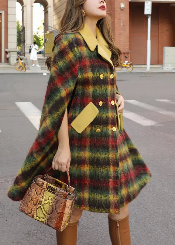 Loose Plaid Button Pockets Patchwork Woolen Cape Coats Sleeveless Ada Fashion