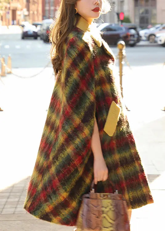 Loose Plaid Button Pockets Patchwork Woolen Cape Coats Sleeveless Ada Fashion