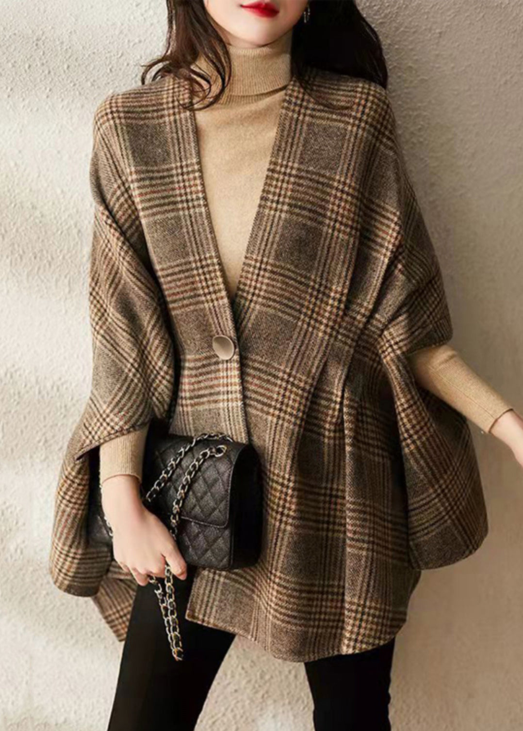 Loose Plaid V Neck Button Patchwork Cotton Coat Half Sleeve Ada Fashion