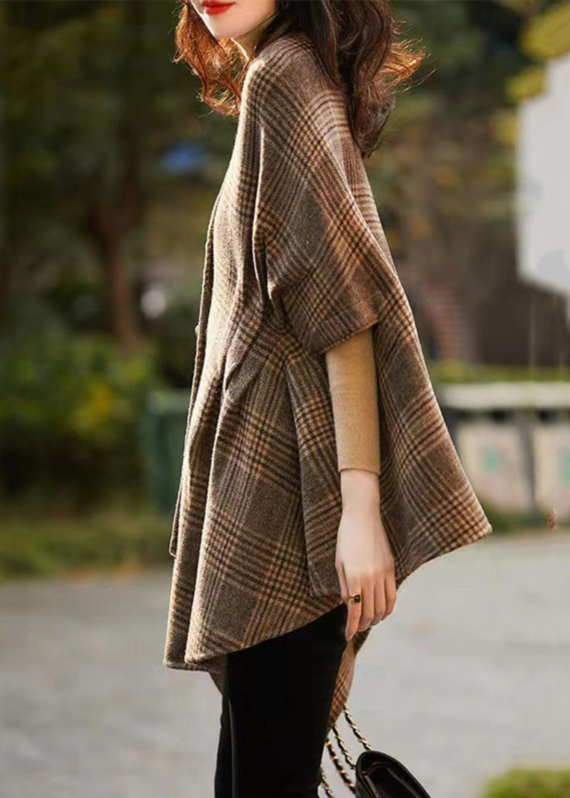 Loose Plaid V Neck Button Patchwork Cotton Coat Half Sleeve Ada Fashion