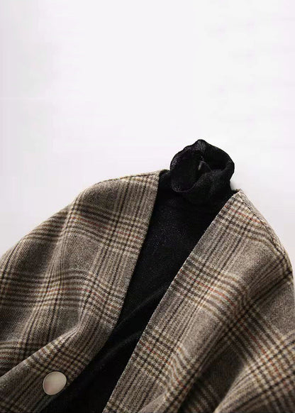 Loose Plaid V Neck Button Patchwork Cotton Coat Half Sleeve Ada Fashion