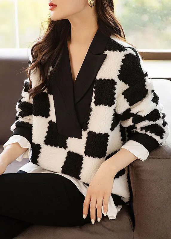 Loose Plaid V Neck Patchwork False Two Pieces Teddy Faux Fur Tops Fall Ada Fashion