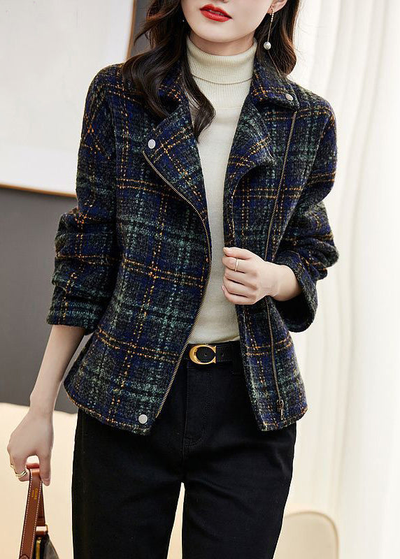 Loose Plaid Zip Up Pockets Patchwork Cotton Coats Long Sleeve Ada Fashion